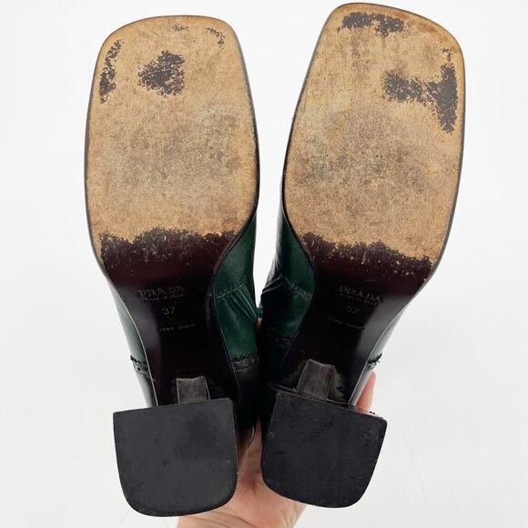 Prada Fall/Winter 1999 Green & Brown Leather Mid-Calf Block Heel Boots IT 37 - Picture 13 of 15